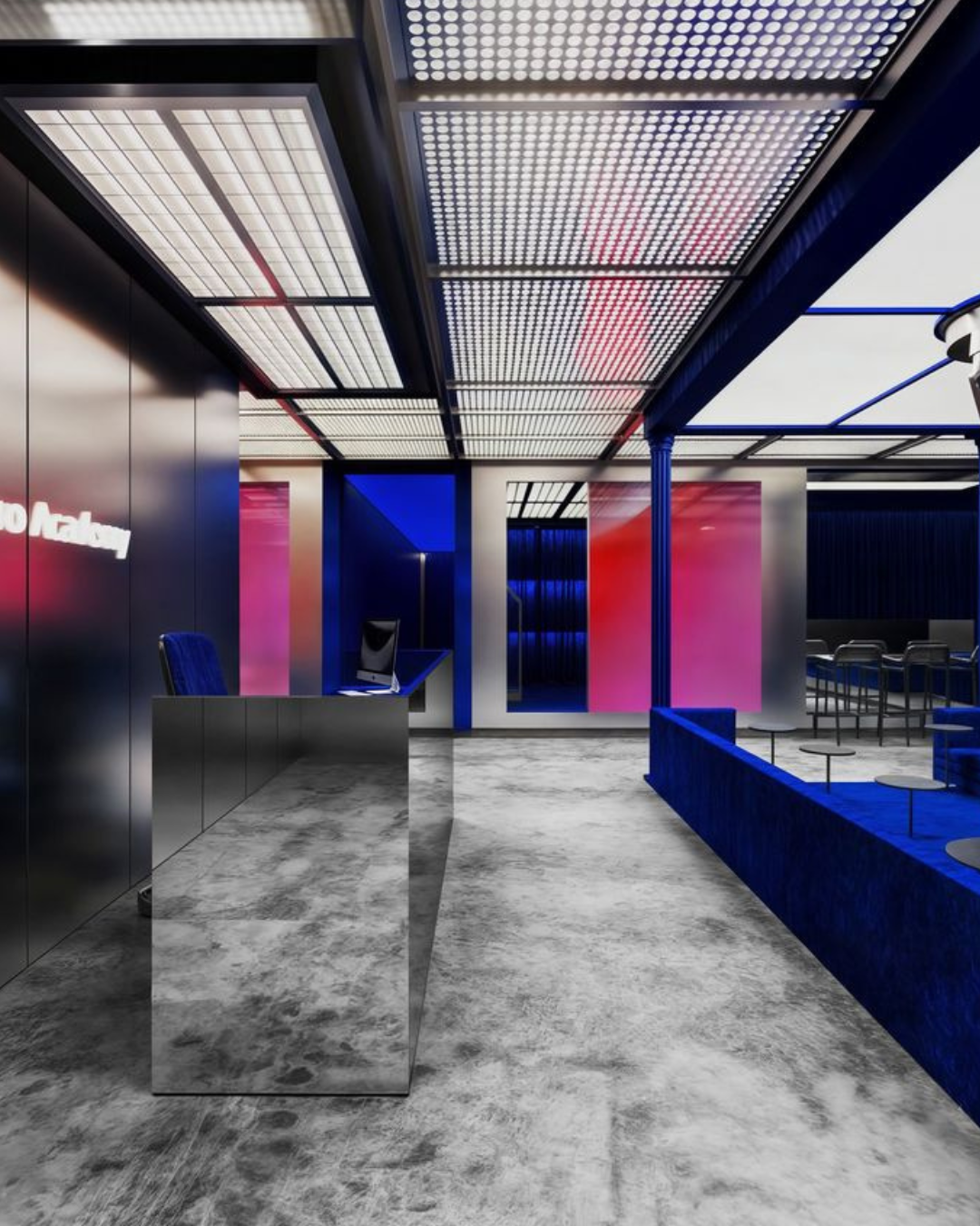 MAT DESIGN interior with blue and magenta panels